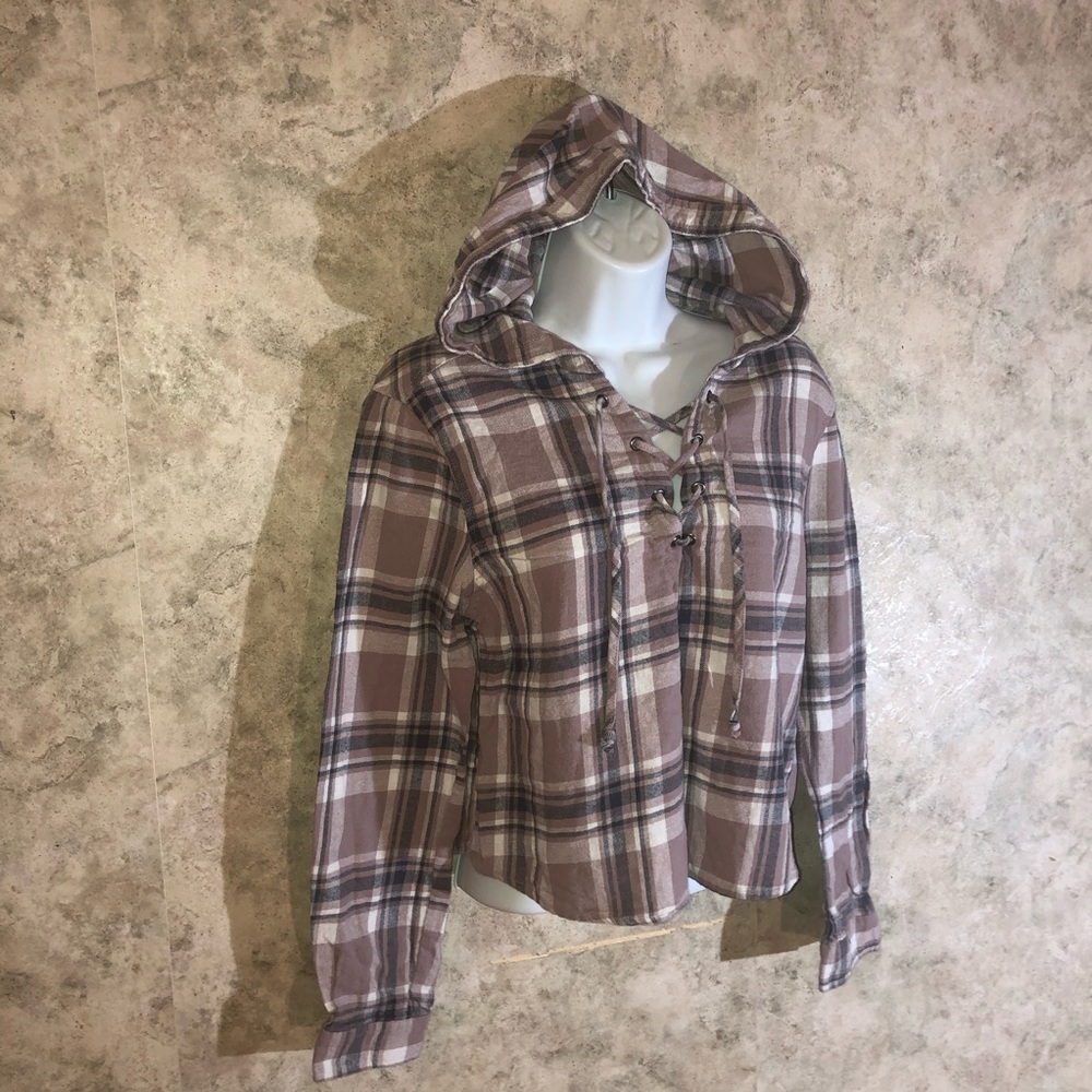 Rue 21 Long Sleeve Tie-Front Plaid Hoodie Top - Picture 6 of 10